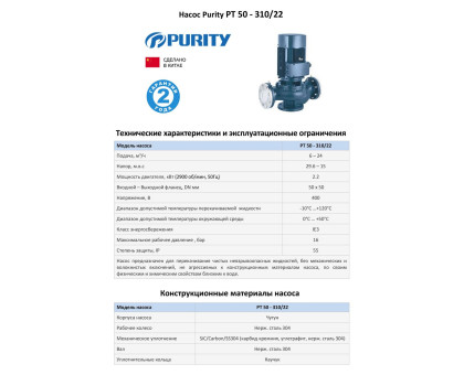 Циркуляционный насос In-Line PURITY PT 50-310/22