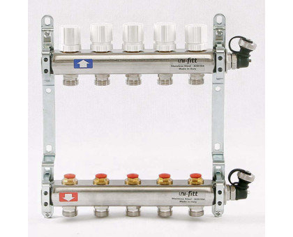 Коллекторная группа из нержавеющей стали с регулировочными и термостатическими вентилями UNI-FITT 1"x3/4"ЕК 5 выходов