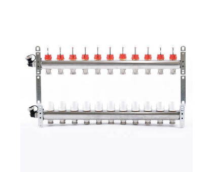 Коллекторная группа из нержавеющей стали с термостатическими вентилями и расходомерами UNI-FITT 1"x3/4"ЕК 11 выходов