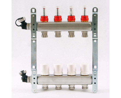 Коллекторная группа из нержавеющей стали с термостатическими вентилями и расходомерами UNI-FITT 1"x3/4"ЕК 4 выхода